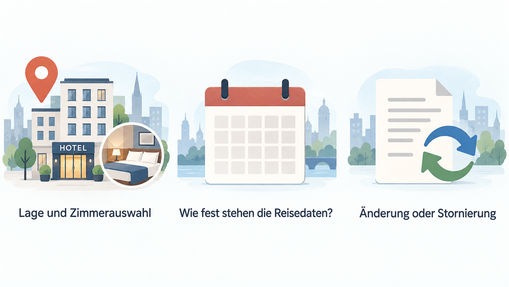 Die drei im Abschnitt genannten Abwägungspunkte als eine Reihe aus Icons mit kurzen Beschriftungen zeigen.