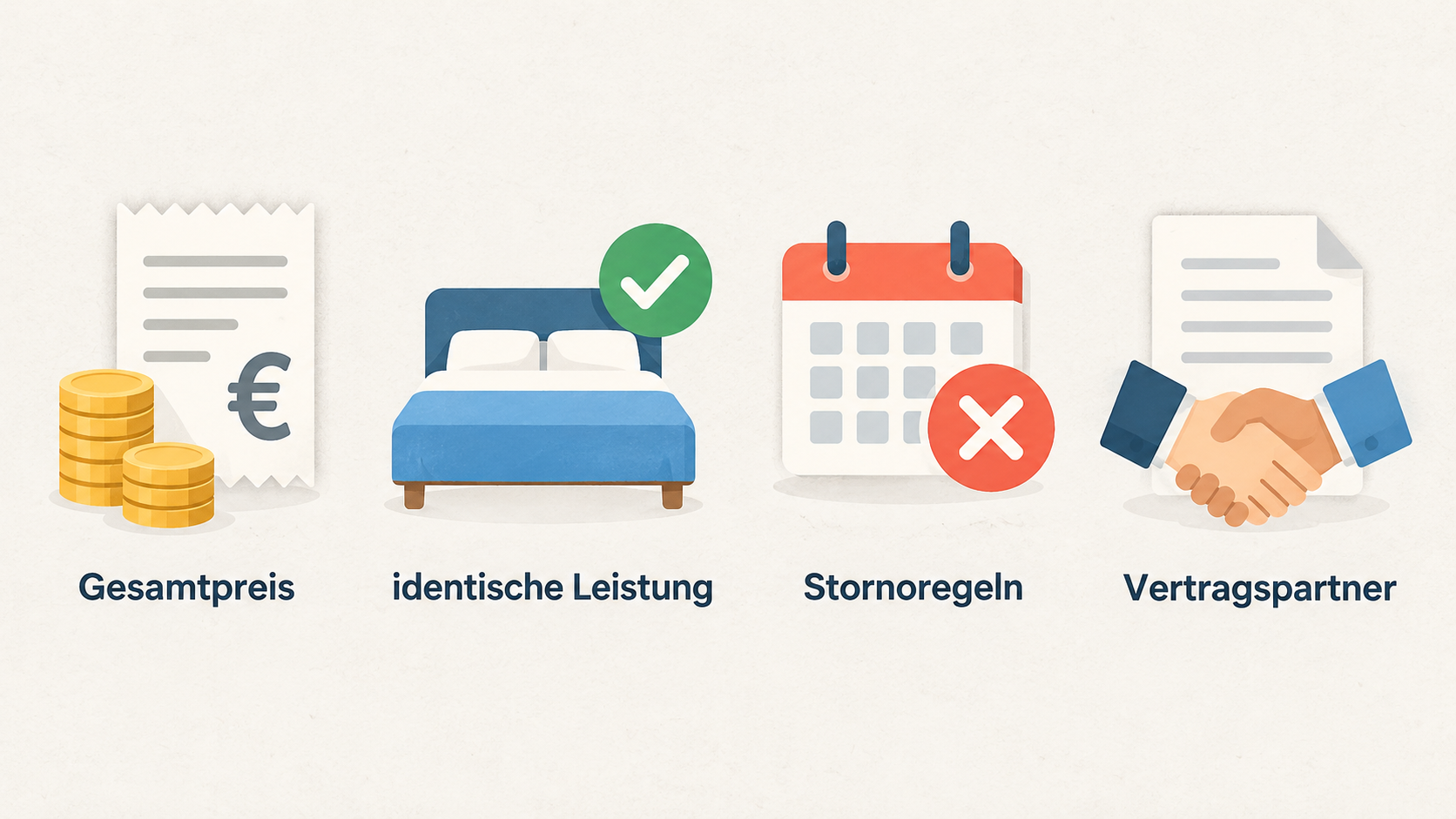 Show the section’s four stated booking comparison points in one row of icons with short labels.
