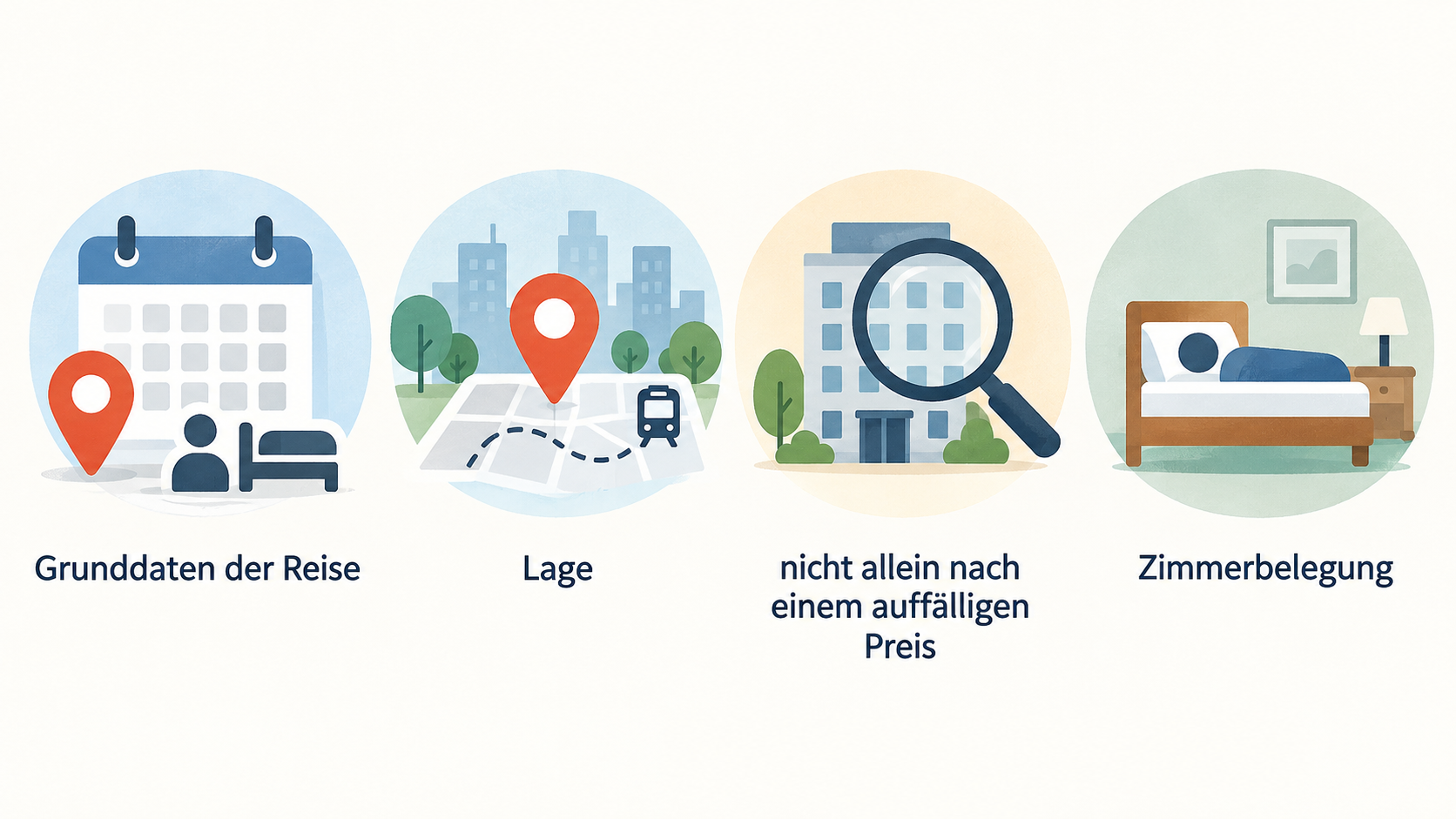 Eine nummerierte Checkliste mit den drei im Abschnitt genannten Schritten des Buchungswegs: Reiseparameter eingeben, Angebote anhand eigener Kriterien vergleichen und vor dem