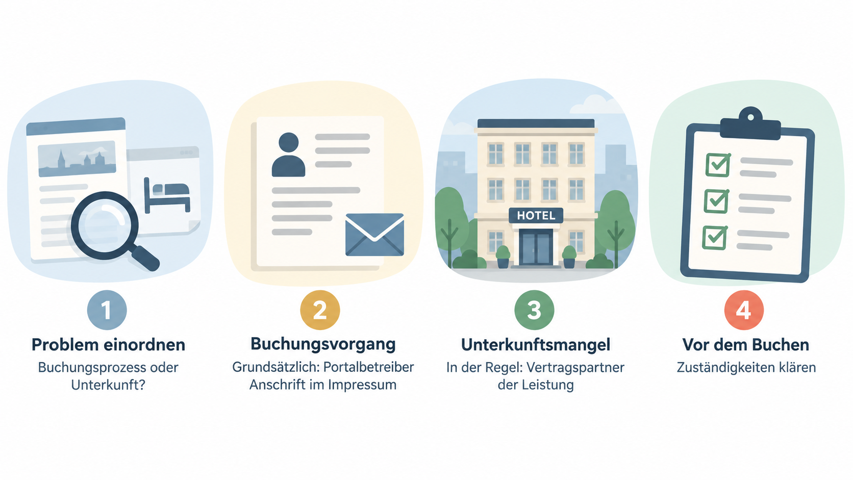 Eine einfache vierteilige Checkliste für die Zuständigkeiten und Angaben, die der Abschnitt vor und nach dem Buchen zu prüfen empfiehlt.