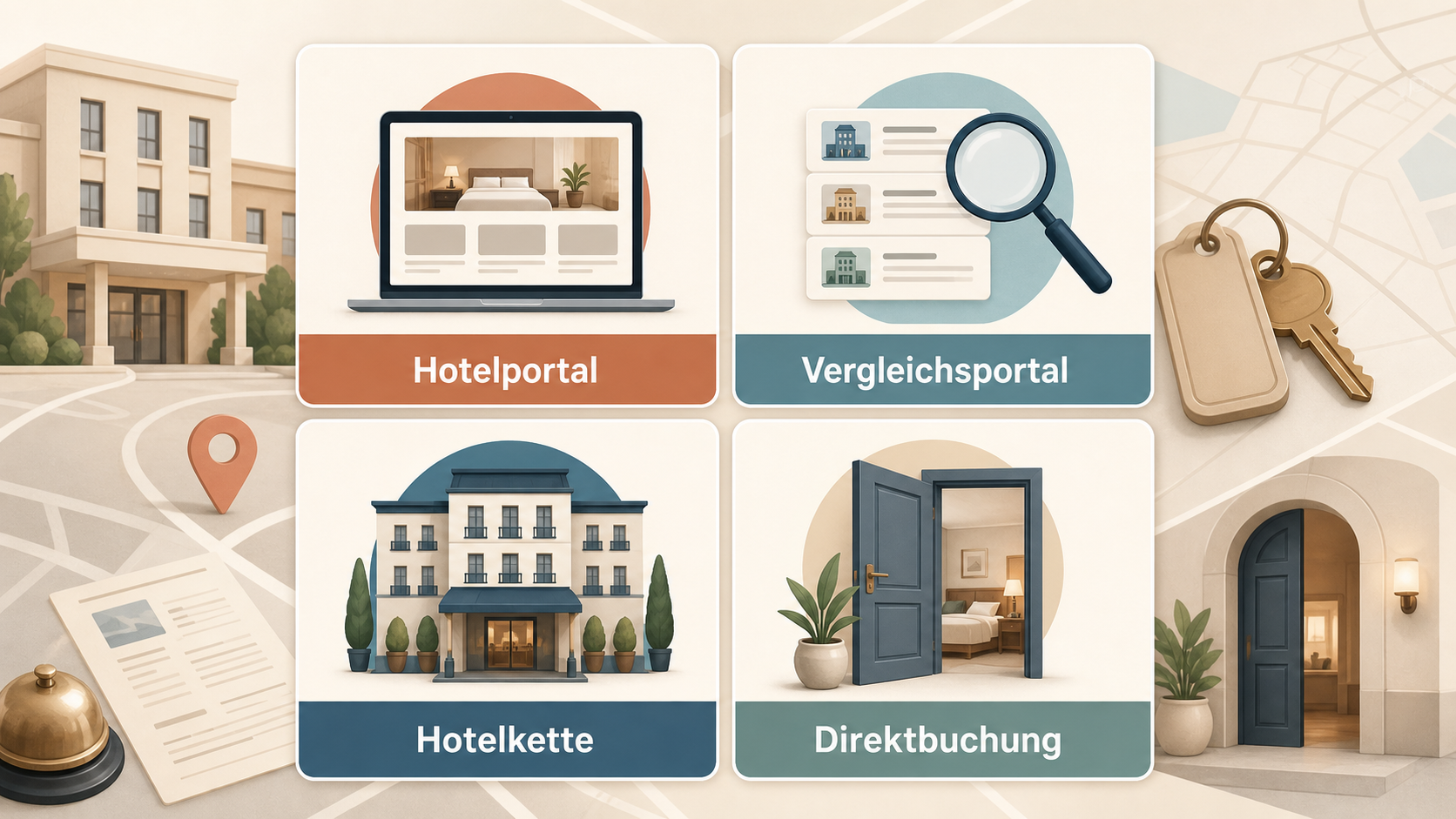 Redaktionelle Illustration zu Hotelportal, Hotelkette oder Direktbuchung: den passenden Buchungsweg für Städtereisen wählen