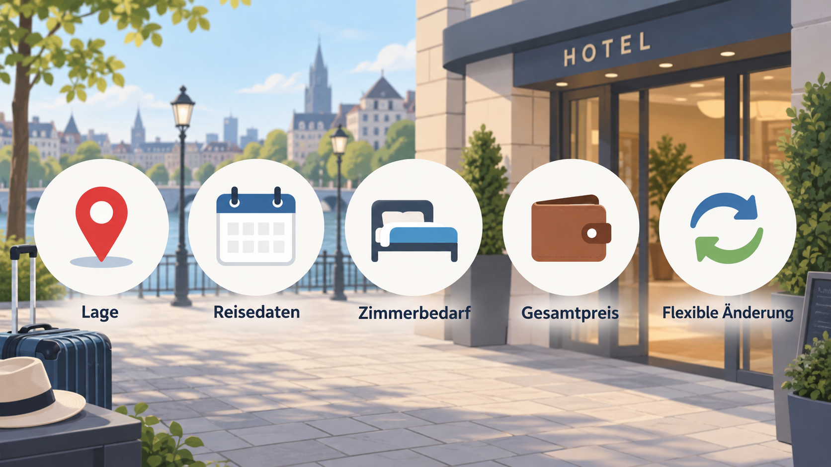 Summarize the five city-trip evaluation factors named in the introduction in one row of labeled icons.