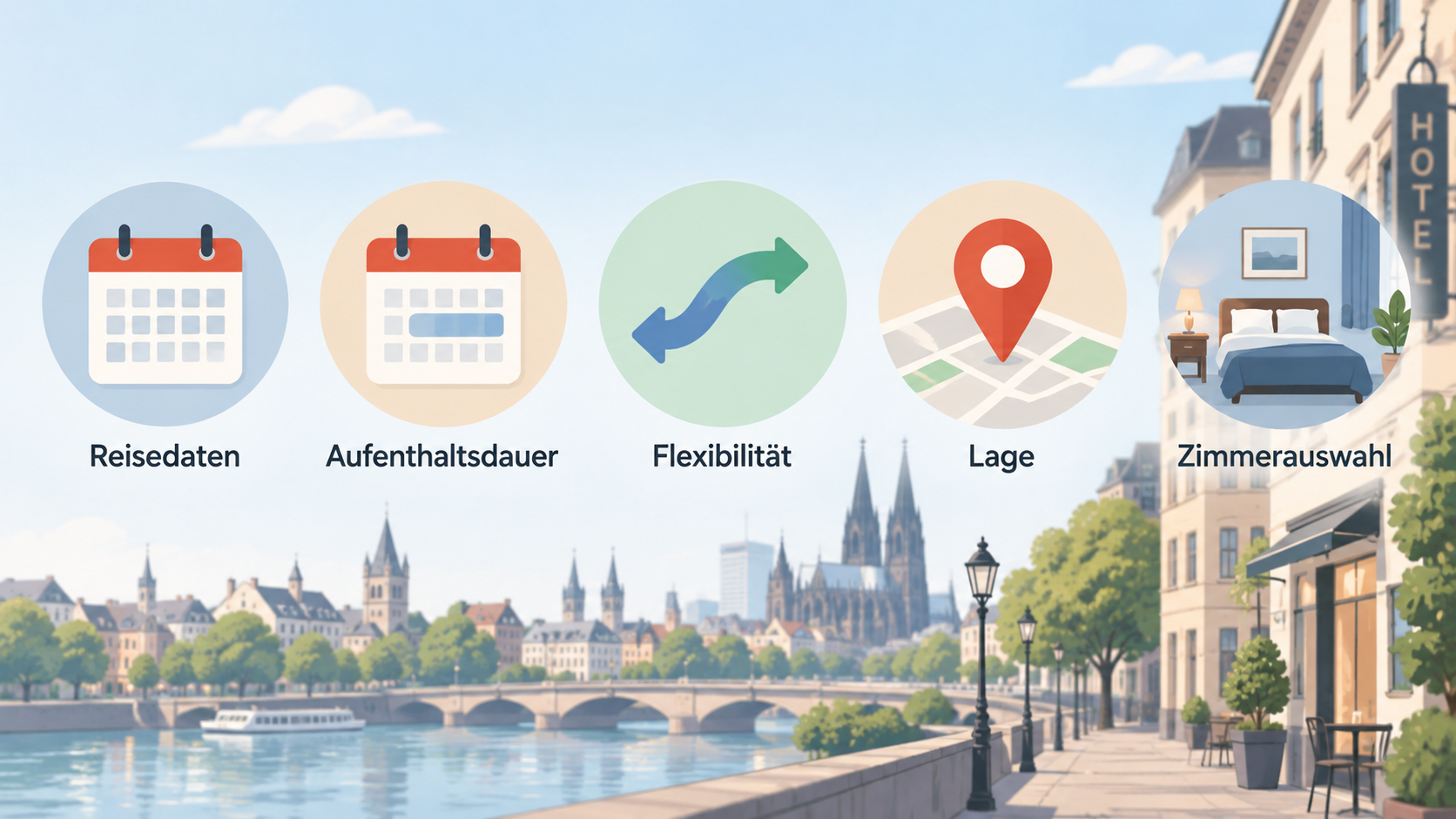 Die drei im Einstieg genannten Punkte „Termin“, „Preis“ und „Flexibilität“ in einer Icon-Reihe zeigen.