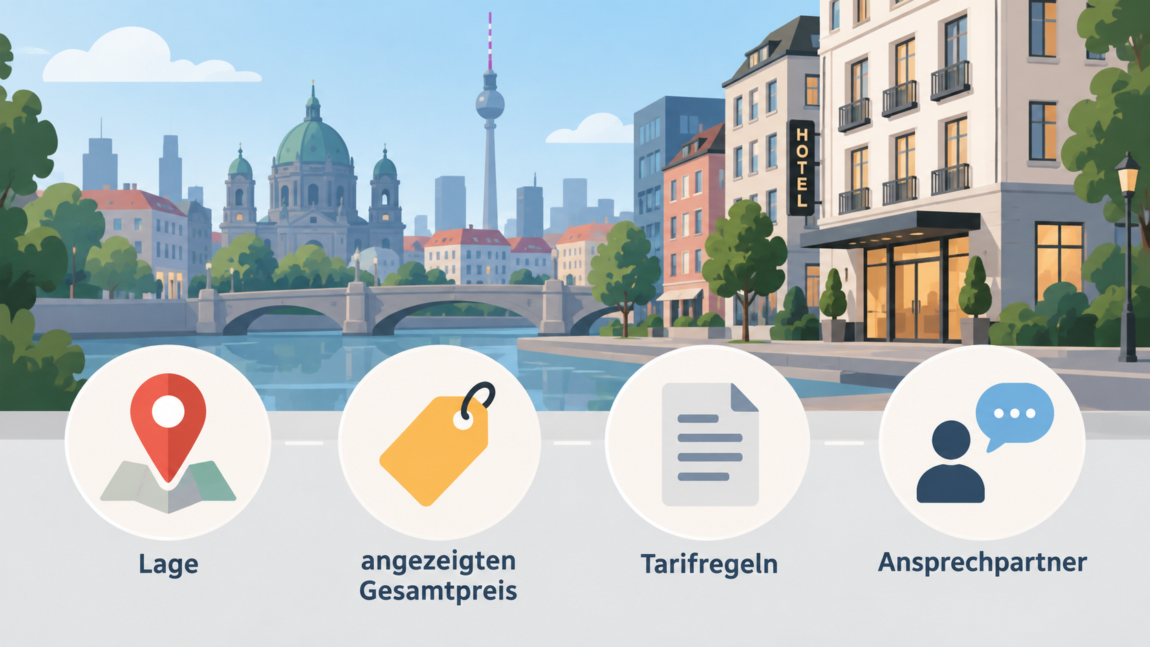Eine Zeile mit vier Icons und den Beschriftungen „Lage“, „angezeigter Gesamtpreis“, „Tarifregeln“ und „Ansprechpartner“ als Überblick über die im Intro genannten Prüfpunkte.